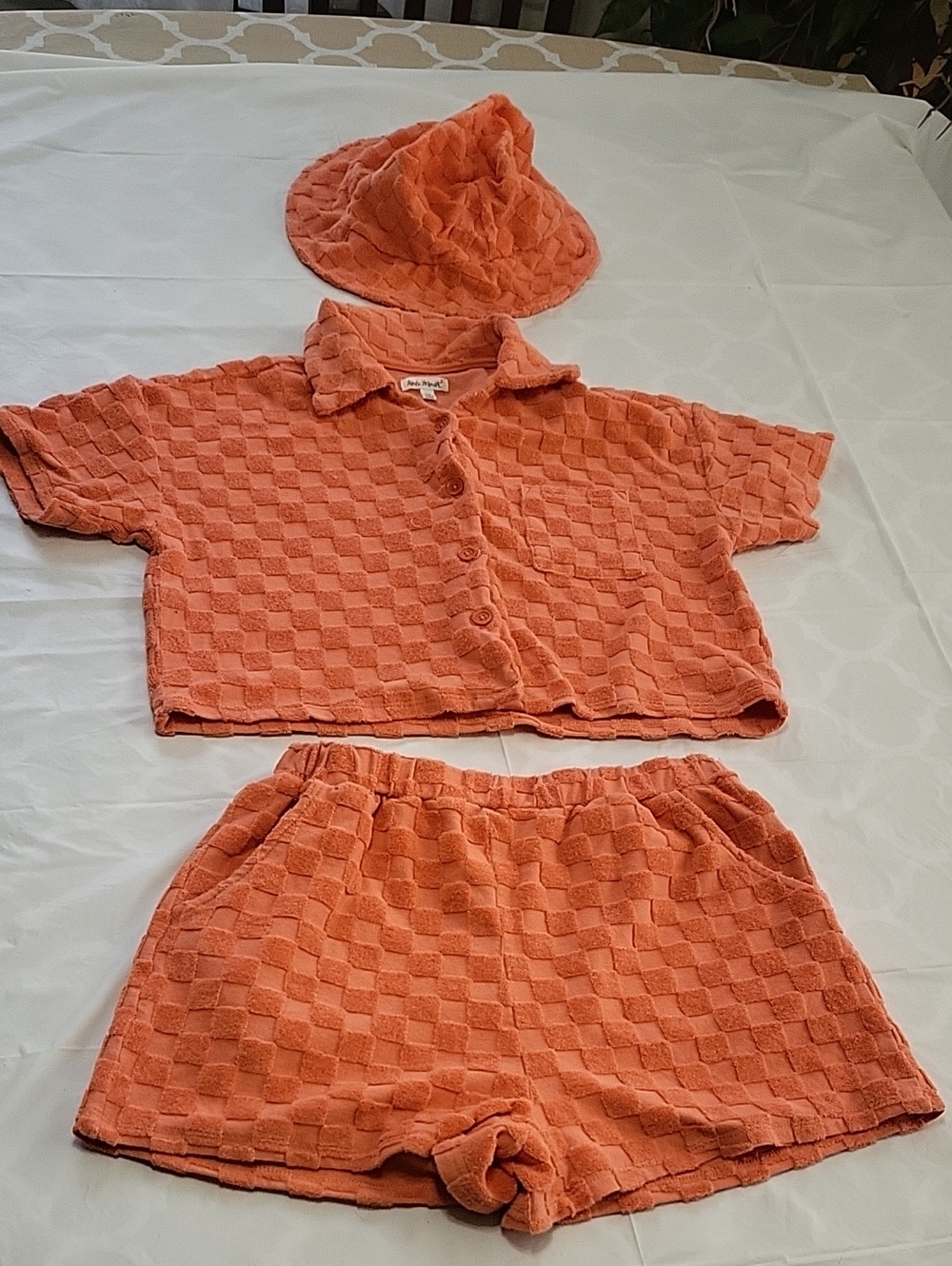 Three-Piece Textured Terry Set in Coral Orange